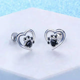 Heart-Shaped Earrings with Paw Print – Silver Earrings with Black Crystal