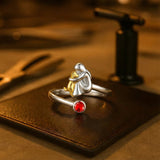 Adjustable Dog Ring with Girl Figurine in Silver